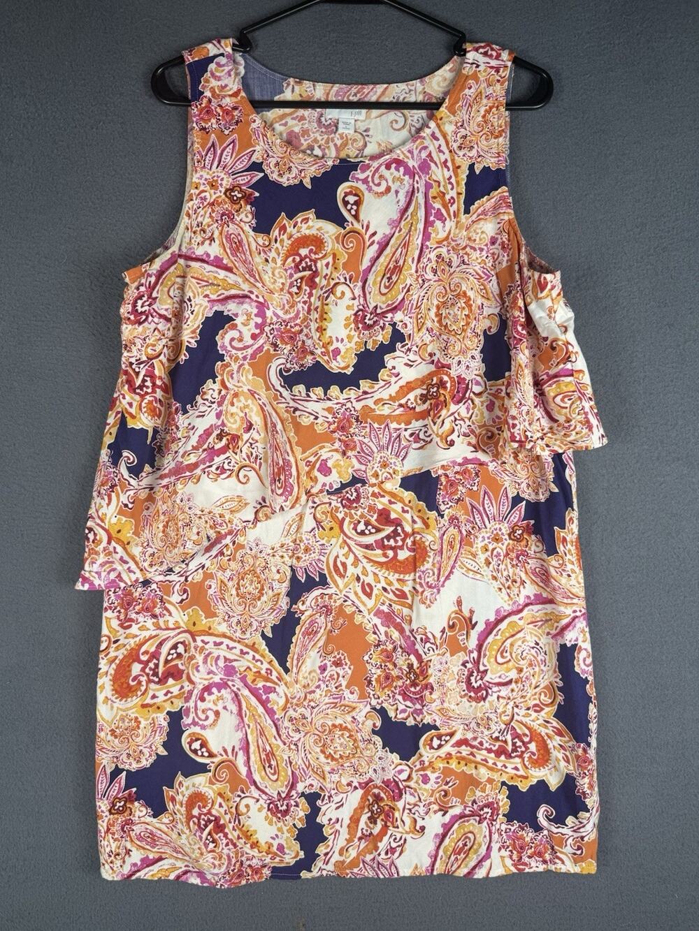 J Jill Colorful Paisley Print Layered Sleeveless Shift Dress Size L Blue Orange